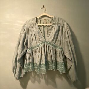 Free People" Nostalgic Feels" Blue embroidered cotton top blouse XS